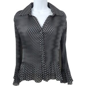 Apostrophe Petite Sz MP Black White Polka Dot Blouse Bell Flare Sleeve Pleated